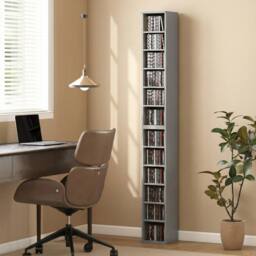 HOMCOM Set of 2 CD Storage Unit DVD Shelf with Adjustable Shelves Light Grey - thumbnail 1