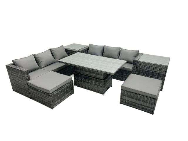 Fimous Rattan Dining Table Sofa Set with 2 Side Tables 2 Stool Outdoor 8 Seat in Dark Grey - image 1