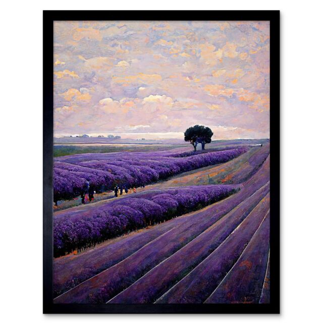 "Artery8 Wall Art Print Lone Tree In A Field Of Purple Lavender Flowers Art Framed in Black - Size: W12"" x H16""" - image 1
