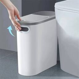 Nordara Narrow Plastic Waste Bin With Lid Slim Bathroom Toilet Trash in White - thumbnail 4
