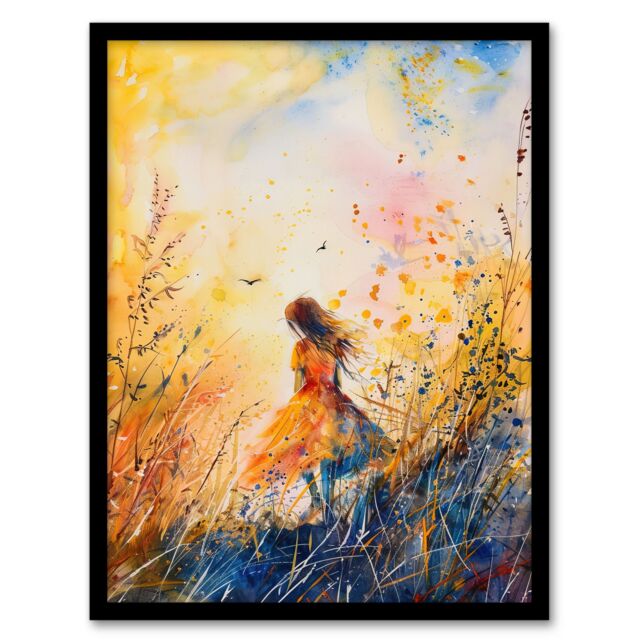 "Artery8 Little in Summer Meadow Dusk Painting Framed Art Print in Yellow - Size: W12"" x H16""" - image 1