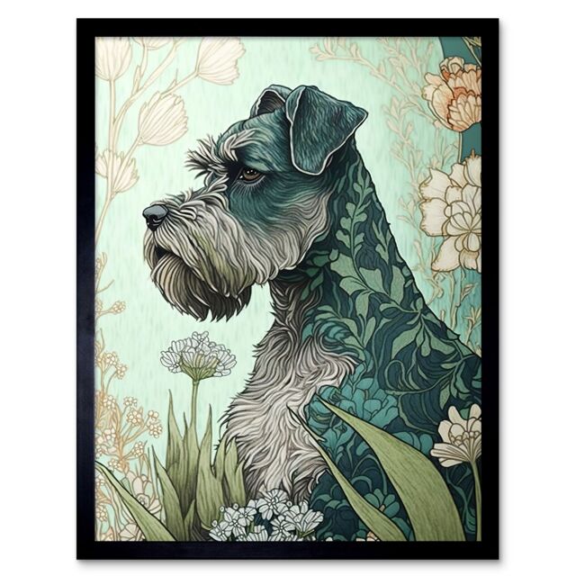 "Artery8 Wall Art Print Grey Schnauzer Dog with Floral Pattern Fur Coat in Flowers Modern Watercolour Art Framed in Black - Size: W12"" x H16""" - image 1