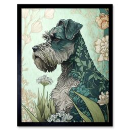 "Artery8 Wall Art Print Grey Schnauzer Dog with Floral Pattern Fur Coat in Flowers Modern Watercolour Art Framed in Black - Size: W12"" x H16""" - thumbnail 1