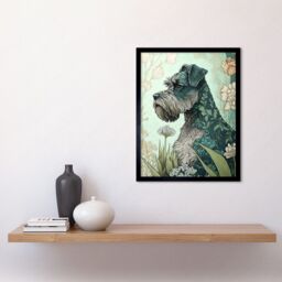 "Artery8 Wall Art Print Grey Schnauzer Dog with Floral Pattern Fur Coat in Flowers Modern Watercolour Art Framed in Black - Size: W12"" x H16""" - thumbnail 2