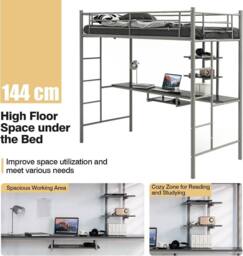 Costway 3.5FT Single Metal Loft Bed Frame High Sleeper Bunk Bed W/ Desk Storage Shelves in Silver - thumbnail 5