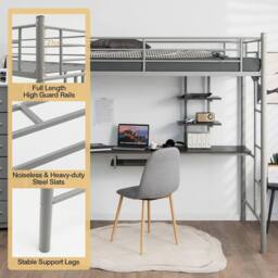 Costway 3.5FT Single Metal Loft Bed Frame High Sleeper Bunk Bed W/ Desk Storage Shelves in Silver - thumbnail 4