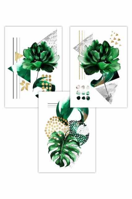 ARTZE Set of 3 Abstract Green Gold Botanical Art Posters in Bright Green - Size: W30 cm x H42 cm - image 1