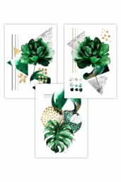 ARTZE Set of 3 Abstract Green Gold Botanical Art Posters in Bright Green - Size: W30 cm x H42 cm - thumbnail 1