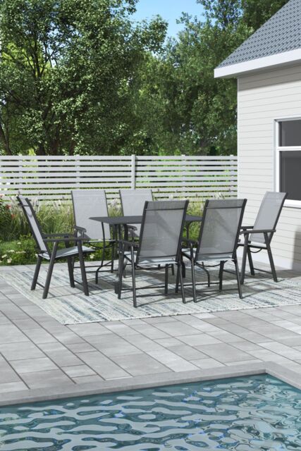 Garden Sanctuary Rectangle Metal Slatted Patio Coffee Table with 6 Foldable Chairs in Black - image 1