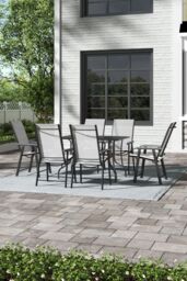 Garden Sanctuary Rectangle Metal Slatted Patio Coffee Table with 6 Foldable Chairs in Black - thumbnail 2