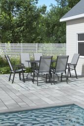 Garden Sanctuary Rectangle Metal Slatted Patio Coffee Table with 6 Foldable Chairs in Black - thumbnail 1