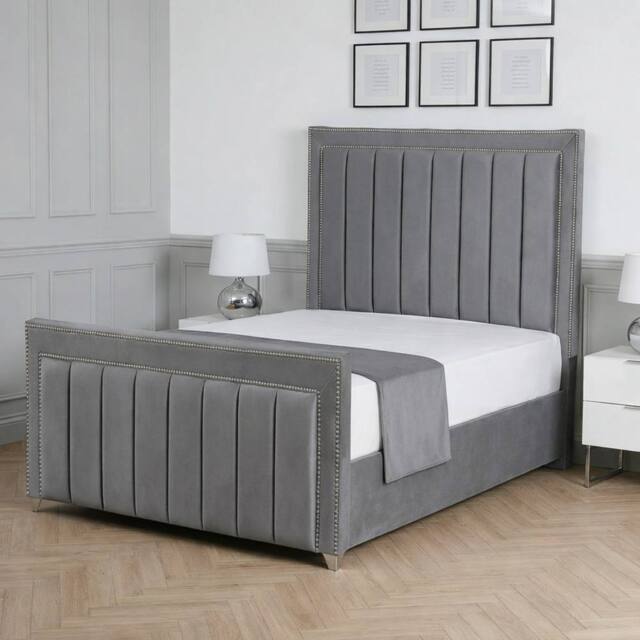 Living Comfort Bedz Royale Plush Velvet Upholstered Bed Slatted Base with 48Inch Headboard in Grey - Size: Single - image 1