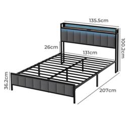 Levede Double Bed Frame Upholstered Headboard Metal Base LED USB Lights in Dark Grey - thumbnail 4
