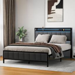 Levede Double Bed Frame Upholstered Headboard Metal Base LED USB Lights in Dark Grey