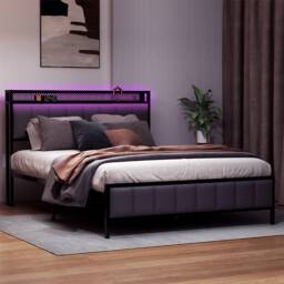 Levede Double Bed Frame Upholstered Headboard Metal Base LED USB Lights in Dark Grey - thumbnail 2