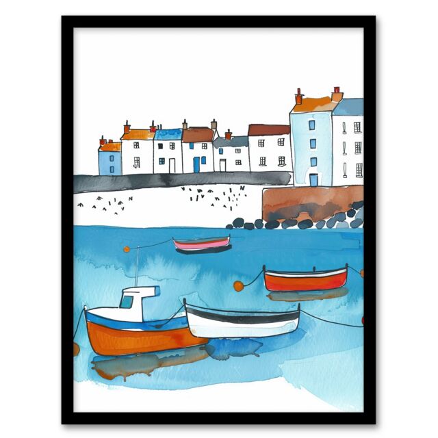 Artery8 St Ives Bay Boats Coastal Cityscape Watercolour Framed Art Print in Blue - Size: A4 - image 1