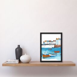 Artery8 St Ives Bay Boats Coastal Cityscape Watercolour Framed Art Print in Blue - Size: A4 - thumbnail 4