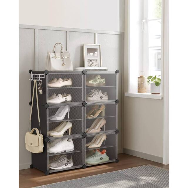 SONGMICS 6-Slot Interlocking Shoe Storage Cabinet Modular Plastic with Doors in Black - image 1