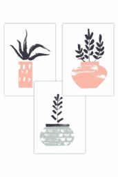ARTZE Set of 3 Scandi Pink Green Cactus Pots Art Posters - Size: W50 cm x H70 cm - thumbnail 1