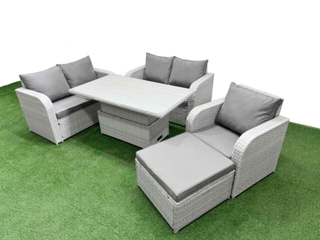 Fimous High Back Poly Rattan Garden Furniture Set w/ Reclining Chair Loveseat Sofa Adjustable Lifting Dining or Coffee Table Indoor Outdoor Patio Set - image 1