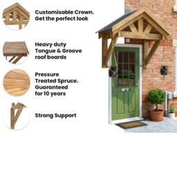 Dunster House Wooden Porch Canopy 1.6 x 0.8m, Apex Roof, Pressure Treated Timber in Brown - thumbnail 2
