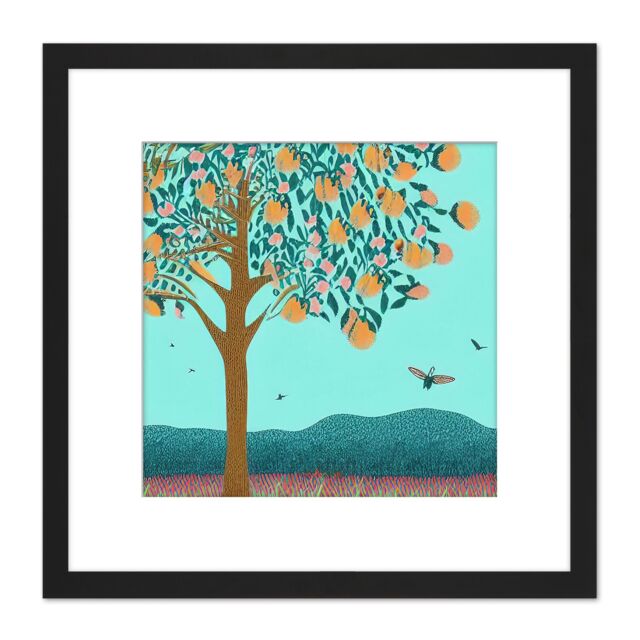 Artery8 Apricot Orange Blossom Tree By Hillside Landscape in Summer Folk Painting Square Wooden Framed Wall Art Print Picture 8X8 Inch in Black - image 1