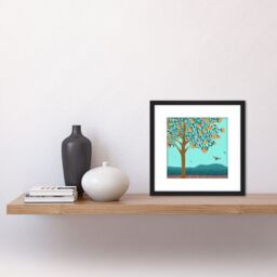 Artery8 Apricot Orange Blossom Tree By Hillside Landscape in Summer Folk Painting Square Wooden Framed Wall Art Print Picture 8X8 Inch in Black - thumbnail 2