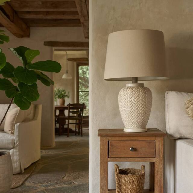 Wyld Haus Palermo Cream Ceramic Table Lamp Woven Pattern Base Natural Fabric - image 1