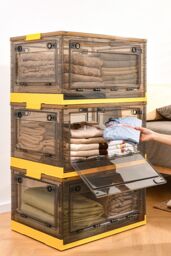 Living and Home 3 Pack Collapsible Storage Box Medium Stackable Clear Plastic Storage Box Organizer in Yellow - thumbnail 1