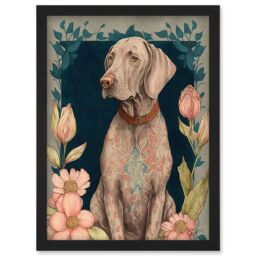 Artery8 Grey Weimaraner Dog with Ornate Pattern Fur Coat & Flowers Modern Art Nouveau Illustration Artwork Framed Wall Art Print A4 in Black - thumbnail 1