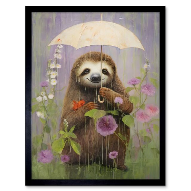 Artery8 Wall Art Print Picking Flowers in the Rain Oil Painting Cute Sloth with an Umbrella in a Wildflower Meadow Kids Bedroom Art Framed - image 1
