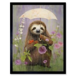 Artery8 Wall Art Print Picking Flowers in the Rain Oil Painting Cute Sloth with an Umbrella in a Wildflower Meadow Kids Bedroom Art Framed - thumbnail 1