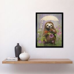 Artery8 Wall Art Print Picking Flowers in the Rain Oil Painting Cute Sloth with an Umbrella in a Wildflower Meadow Kids Bedroom Art Framed - thumbnail 2