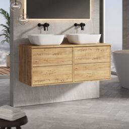 Banyetti Venti 1200mm Wall Hung Vanity Unit with Matching Worktop - Ostippo Oak in Light Oak - thumbnail 3
