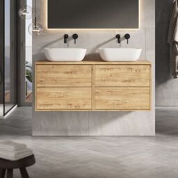 Banyetti Venti 1200mm Wall Hung Vanity Unit with Matching Worktop - Ostippo Oak in Light Oak