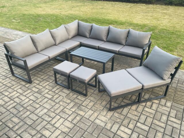 Fimous Aluminium 11 Seater Patio Outdoor Garden Furniture Lounge Corner Sofa Set with Oblong Coffee Table 3 Footstools Dark Grey