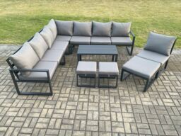 Fimous Aluminium 11 Seater Patio Outdoor Garden Furniture Lounge Corner Sofa Set with Oblong Coffee Table 3 Footstools Dark Grey - thumbnail 2
