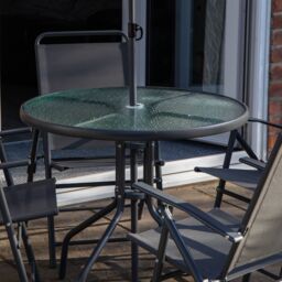 Samuel Alexander Outdoor 4 Seater Round Glass Top Table & Chairs Patio Set with Parasol in Black - thumbnail 7