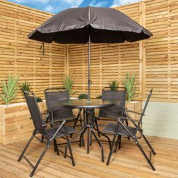 Samuel Alexander Outdoor 4 Seater Round Glass Top Table & Chairs Patio Set with Parasol in Black - thumbnail 1