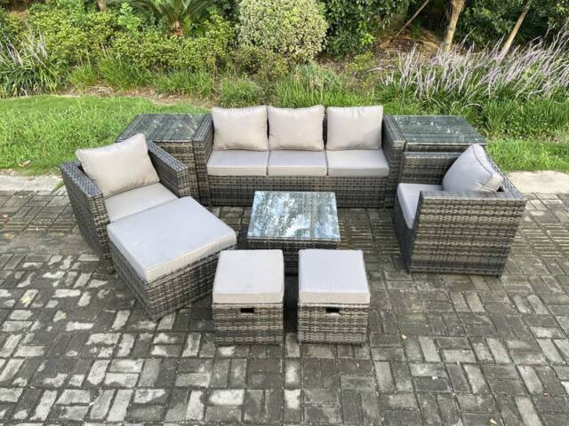 Fimous Wicker Rattan Garden Furniture Sofa Set with 2 Side Tables Armchair Square Coffee Table 3 Footstools 8 Seater in Dark Grey - image 1