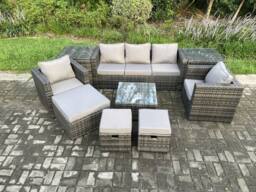 Fimous Wicker Rattan Garden Furniture Sofa Set with 2 Side Tables Armchair Square Coffee Table 3 Footstools 8 Seater in Dark Grey - thumbnail 2