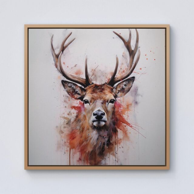 Warren Reed - Designer Watercolour Splashart Stag Face Framed Canvas in Light Brown - Size: w40 inch x h40 inch - image 1