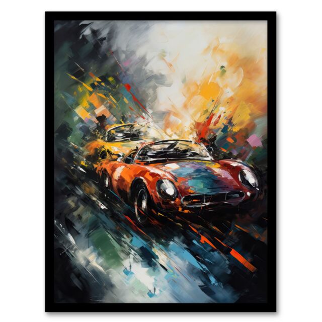 Artery8 Wall Art Print Sports Car Racing Oil Painting For Him Motor Racing Man Cave Art Framed - Size: A4 - image 1