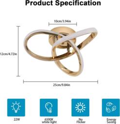 Pheashine Gold LED Ceiling Light, 22W 6500K Cool White, 25cm Modern Flush Mount - thumbnail 2