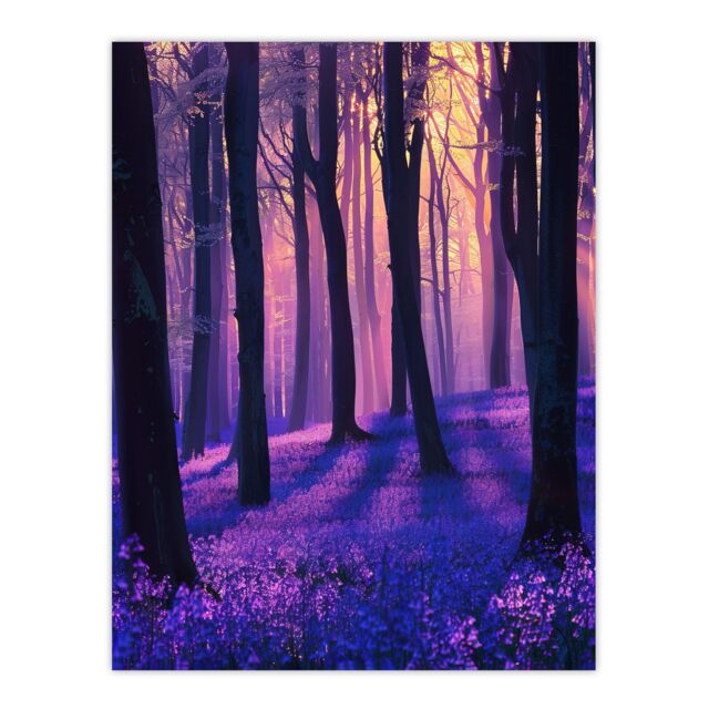 "Artery8 Realistic Purple Bluebell Forest Artwork Dawn Sun Wall Art Print - Size: W18"" x H24""" - image 1