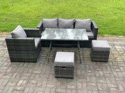 Fimous PE Rattan Outdoor Furniture Garden Dining Set with Oblong Dining Table Armchair 2 Small Footstools Dark Grey - thumbnail 2