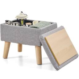 FORGEVIO Gray Linen Storage Ottoman Footstool 29Dx40Wx30H cm in Grey