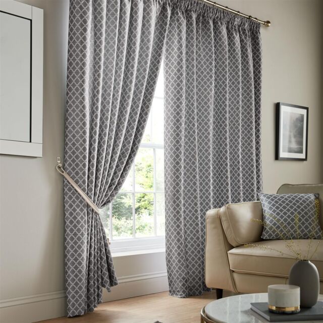 Luxury Living Modern Geometric Two-Tone Jacquard Lined Pencil Pleat Taped Curtains in Grey - Size: 168 cm width x 183 cm drop - image 1