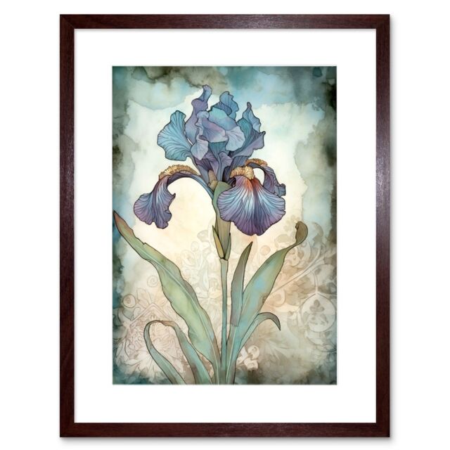 "Artery8 Wall Art Print A Single Iris Flower Watercolour Artwork Framed 9X7 Inch in Brown - Size: W7"" x H9""" - image 1