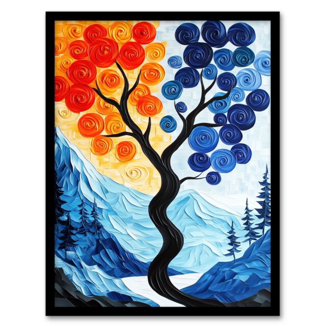 "Artery8 Autumn To Winter Tree Folk Art Mountain Landscape Framed Art Print in Blue - Size: W12"" x H16""" - image 1